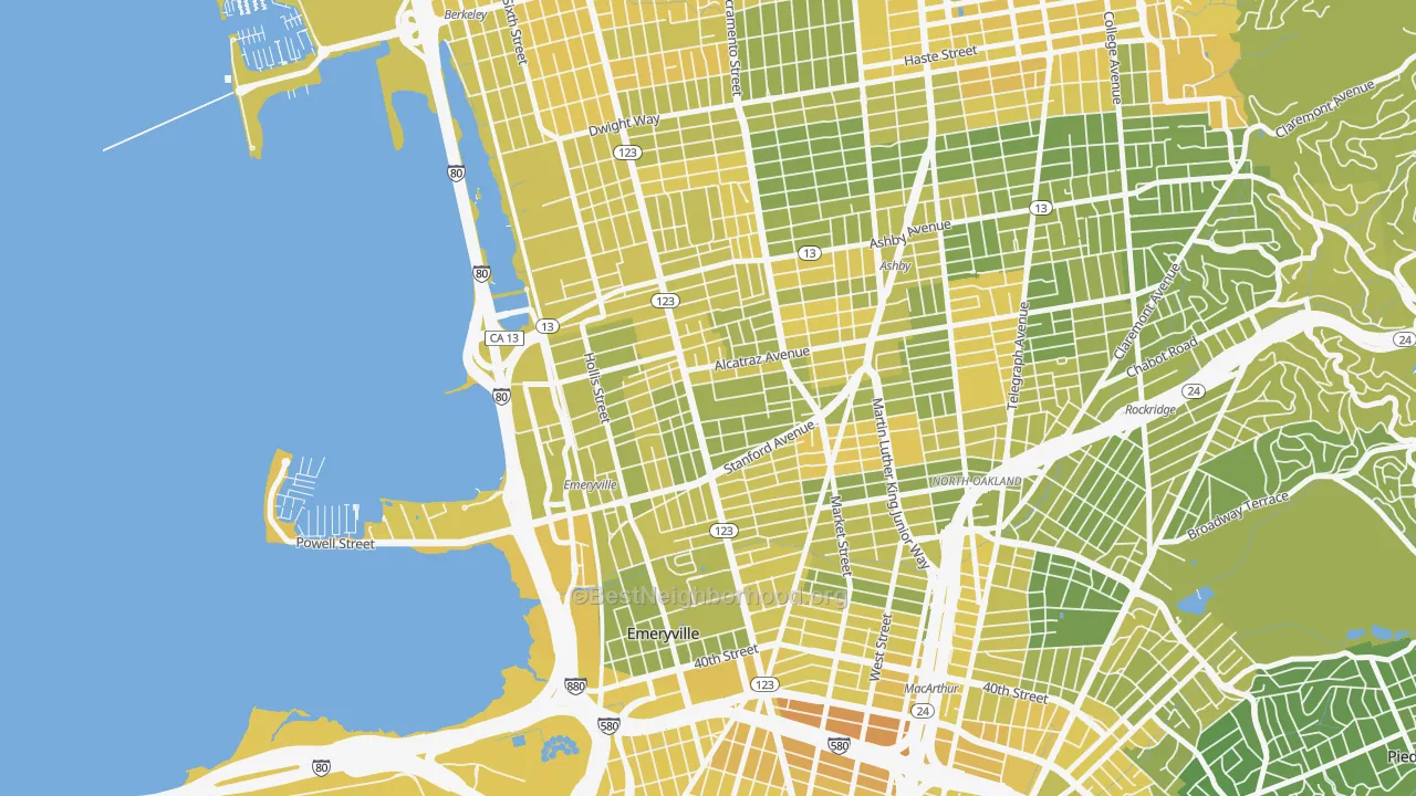 Map of the best neighborhoods in the Golden Gate, Emeryville area, with better matches in green and worse matches in red