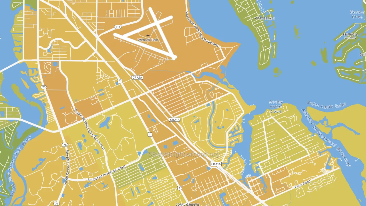 Map of the best neighborhoods in the Golden Gate, Stuart area, with better matches in green and worse matches in red
