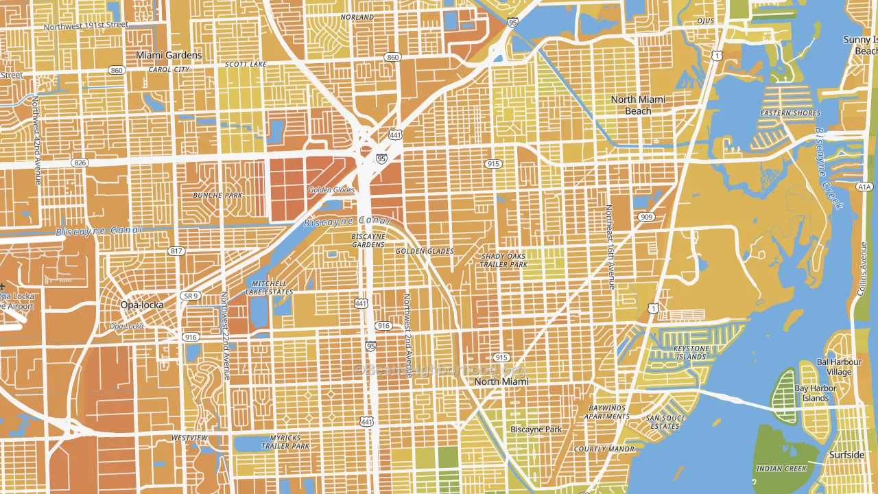 Map of the best neighborhoods in the Golden Glades area, with better matches in green and worse matches in red