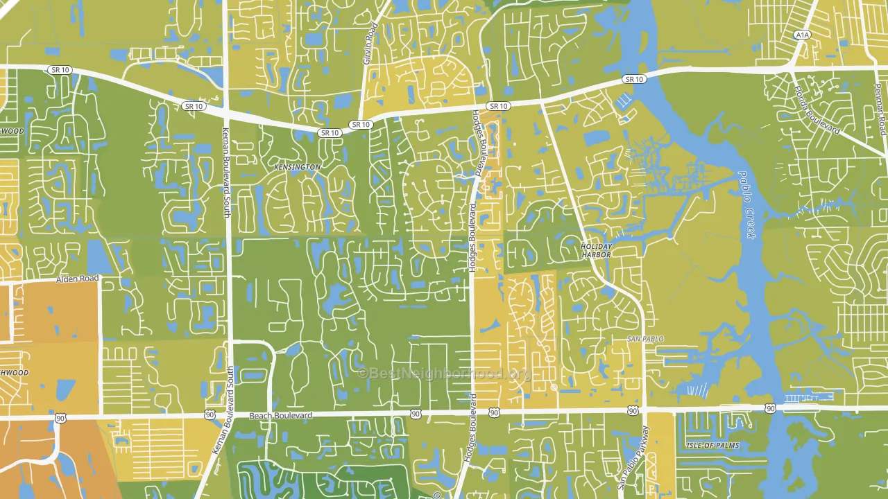 Map of the best neighborhoods in the Golden Glades-The Woods, Jacksonville area, with better matches in green and worse matches in red