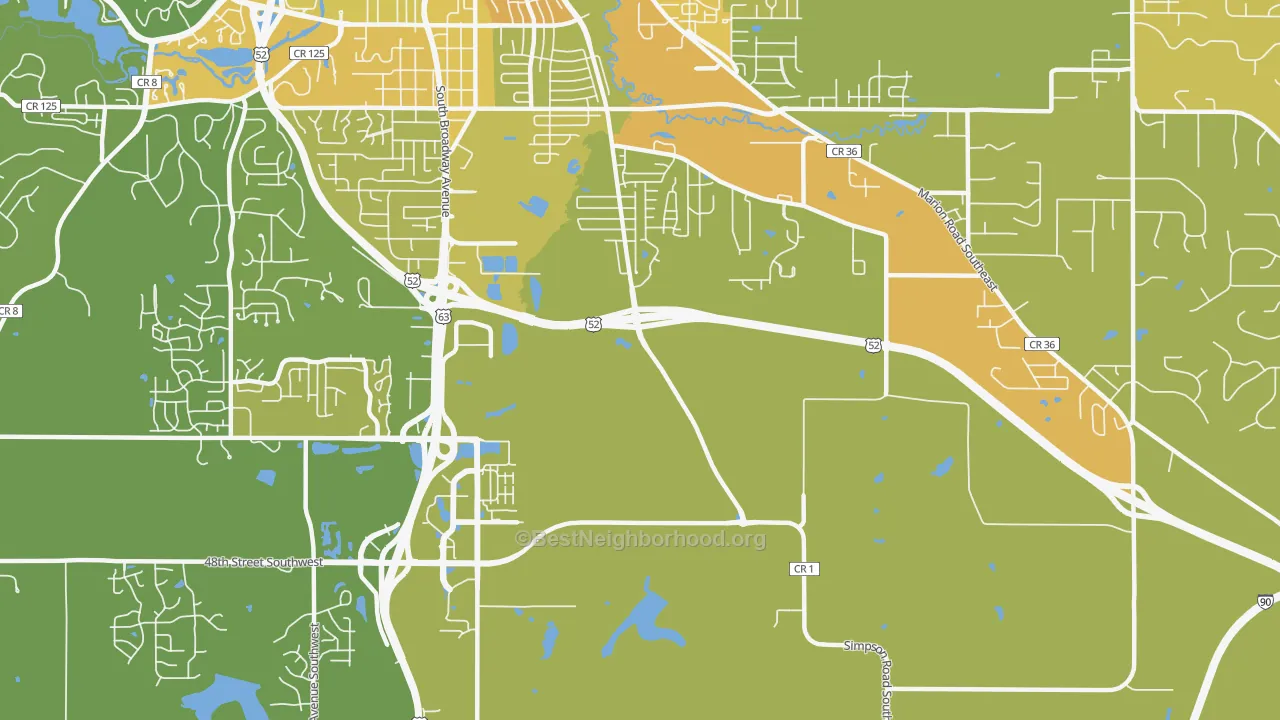 Map of the best neighborhoods in the Golden Hill area, with better matches in green and worse matches in red