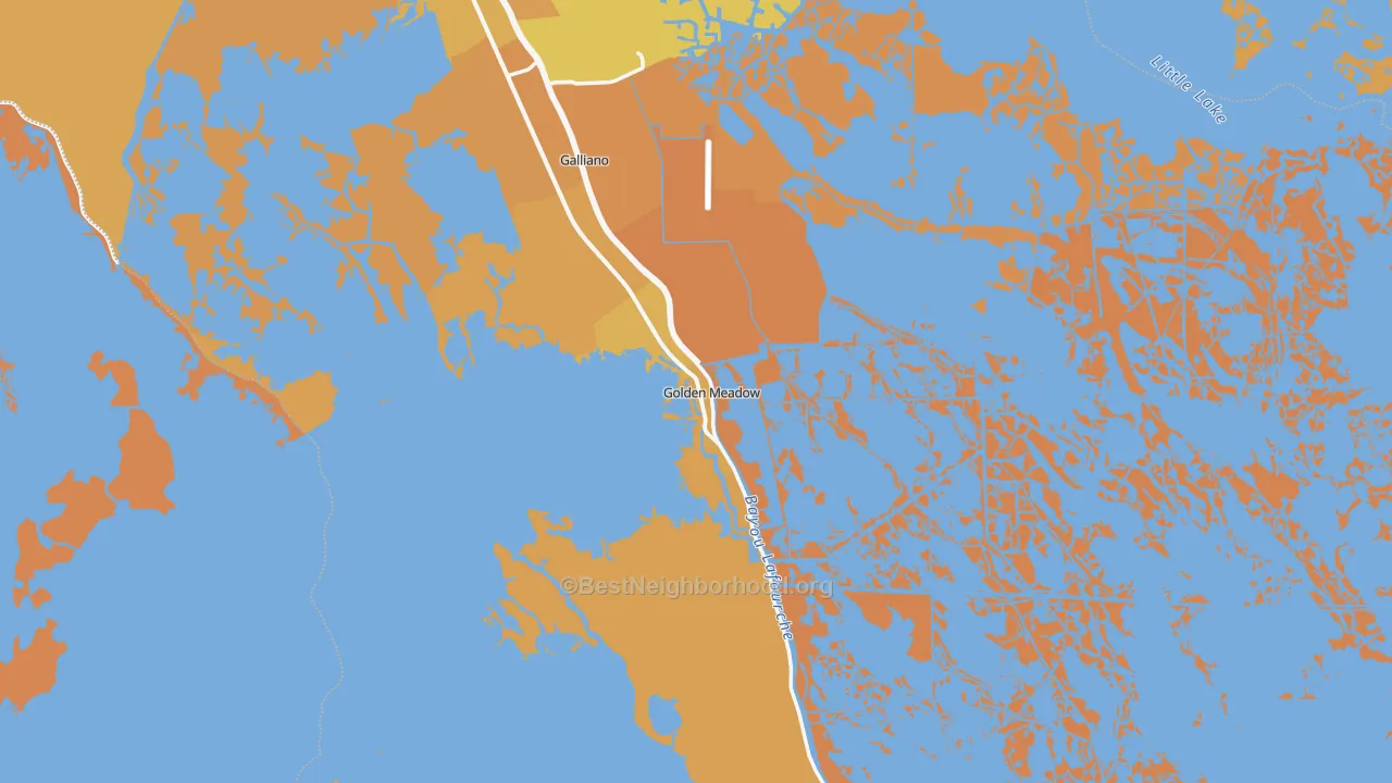 Map of the best neighborhoods in the Golden Meadow area, with better matches in green and worse matches in red