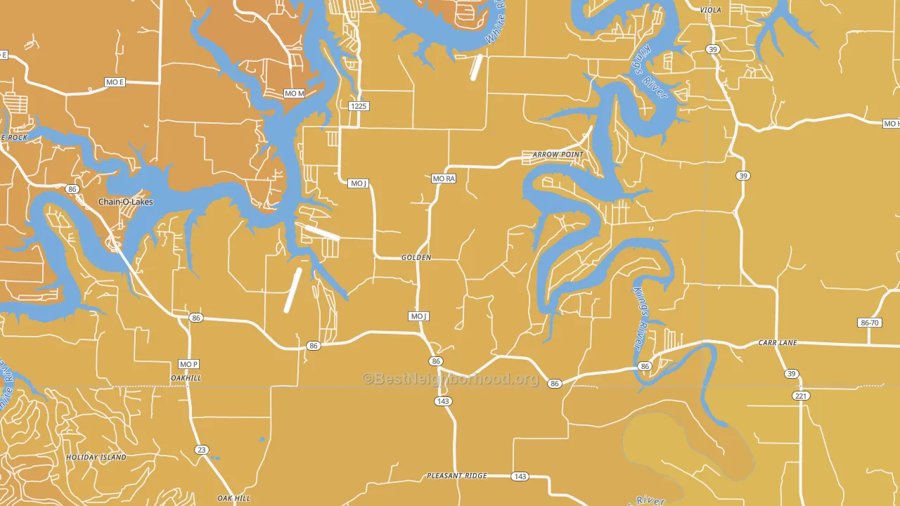 Map of the best neighborhoods in the Golden area, with better matches in green and worse matches in red
