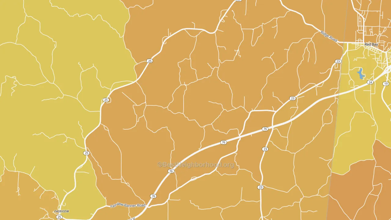 Map of the best neighborhoods in the Golden area, with better matches in green and worse matches in red