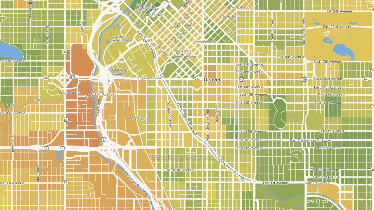 Map of the best neighborhoods in the Golden Triangle, Denver area, with better matches in green and worse matches in red