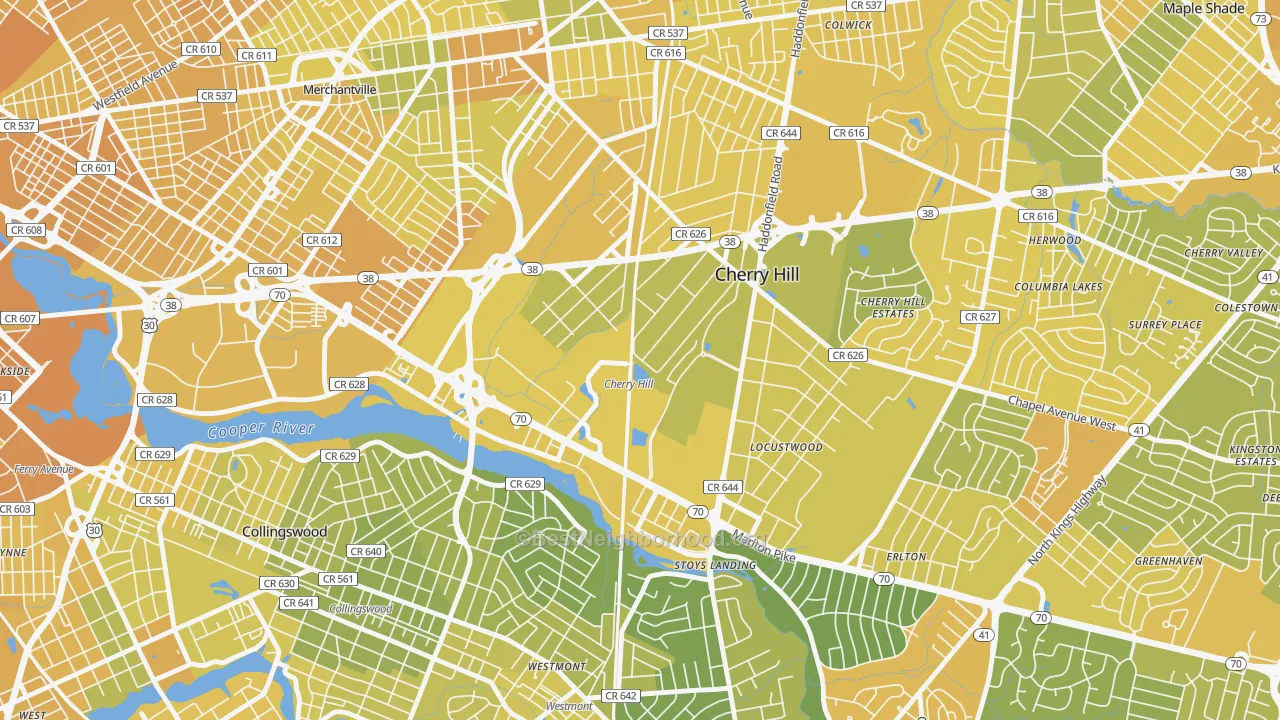 Map of the best neighborhoods in the Golden Triangle area, with better matches in green and worse matches in red