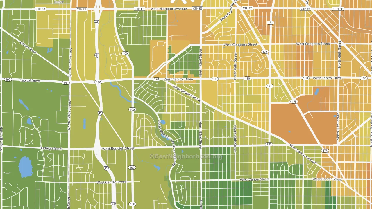 Map of the best neighborhoods in the Golden Valley, Milwaukee area, with better matches in green and worse matches in red