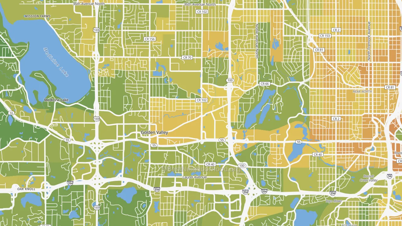 Map of the best neighborhoods in the Golden Valley area, with better matches in green and worse matches in red