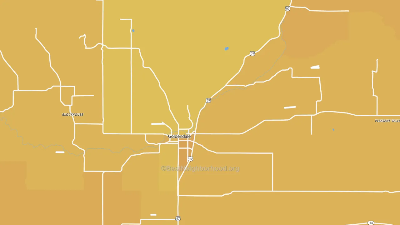 Map of the best neighborhoods in the Goldendale area, with better matches in green and worse matches in red