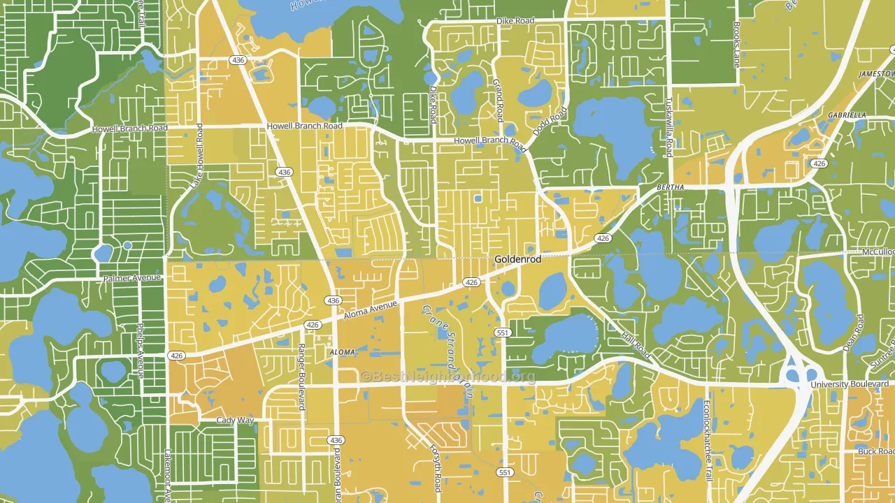 Map of the best neighborhoods in the Goldenrod area, with better matches in green and worse matches in red
