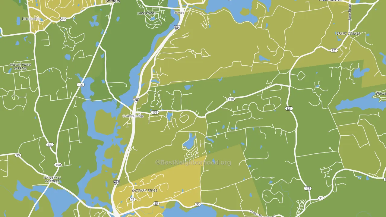 Map of the best neighborhoods in the Goldens Bridge area, with better matches in green and worse matches in red