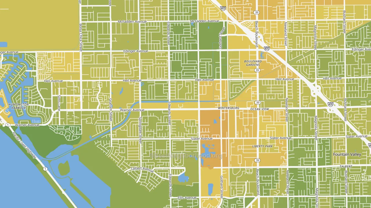 Map of the best neighborhoods in the Goldenwest, Huntington Beach area, with better matches in green and worse matches in red