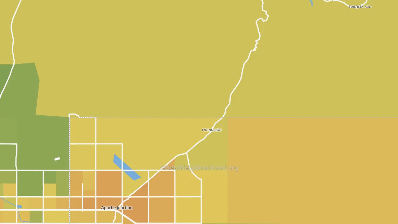 Map of the best neighborhoods in the Goldfield area, with better matches in green and worse matches in red