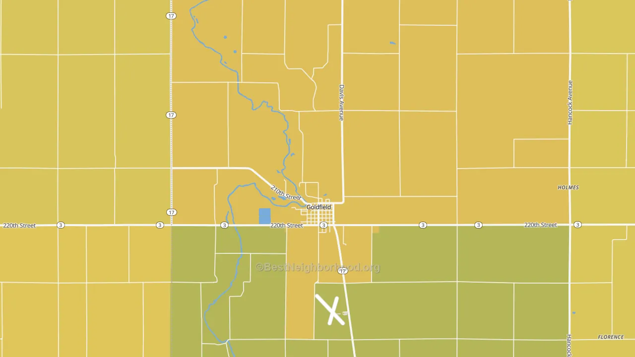 Map of the best neighborhoods in the Goldfield area, with better matches in green and worse matches in red