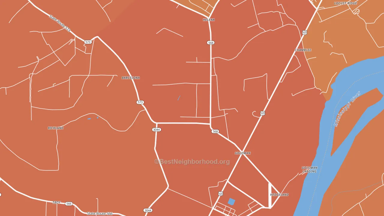 Map of the best neighborhoods in the Goldman area, with better matches in green and worse matches in red