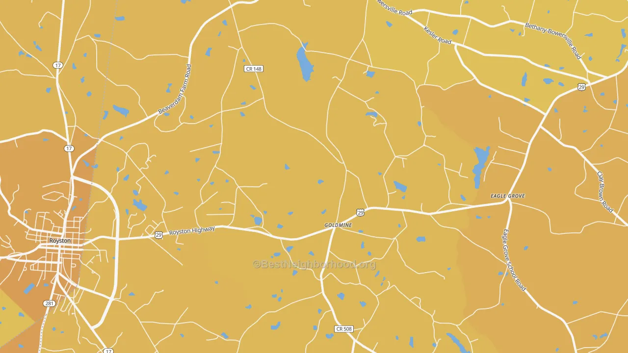 Map of the best neighborhoods in the Goldmine area, with better matches in green and worse matches in red
