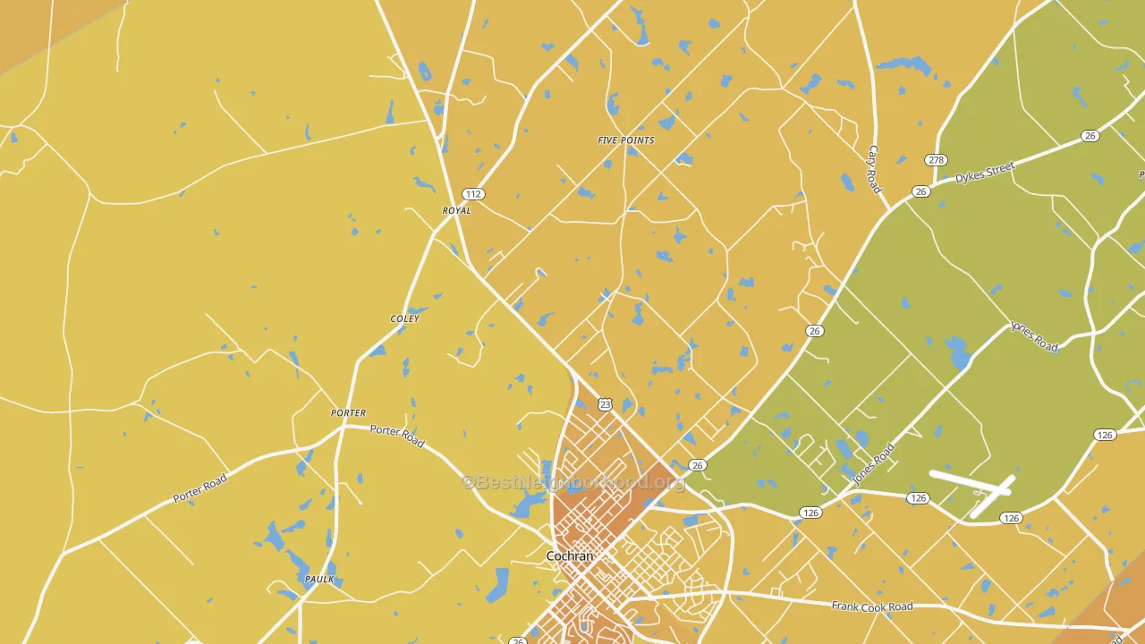 Map of the best neighborhoods in the Goldsboro area, with better matches in green and worse matches in red