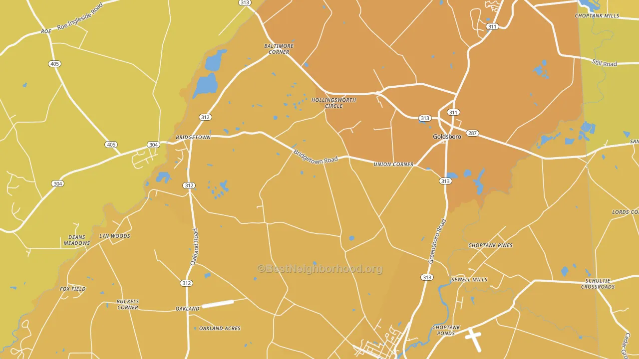 Map of the best neighborhoods in the Goldsboro area, with better matches in green and worse matches in red