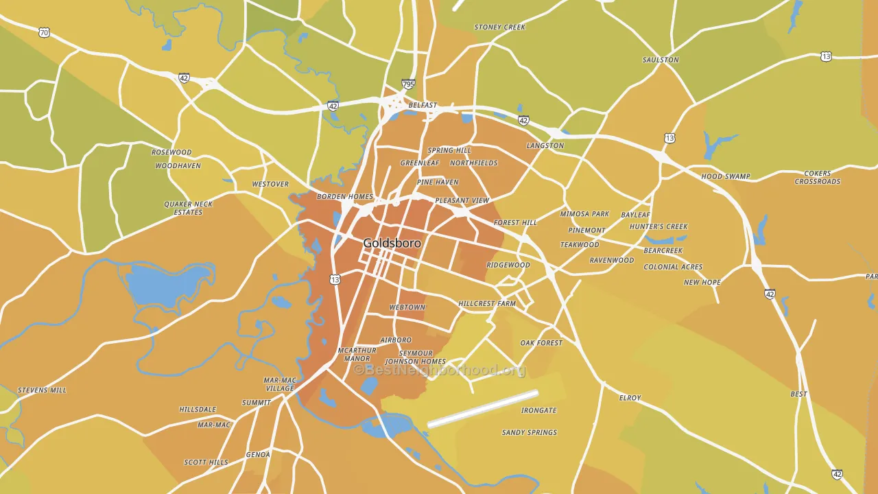 Map of the best neighborhoods in the Goldsboro Metro area, with better matches in green and worse matches in red