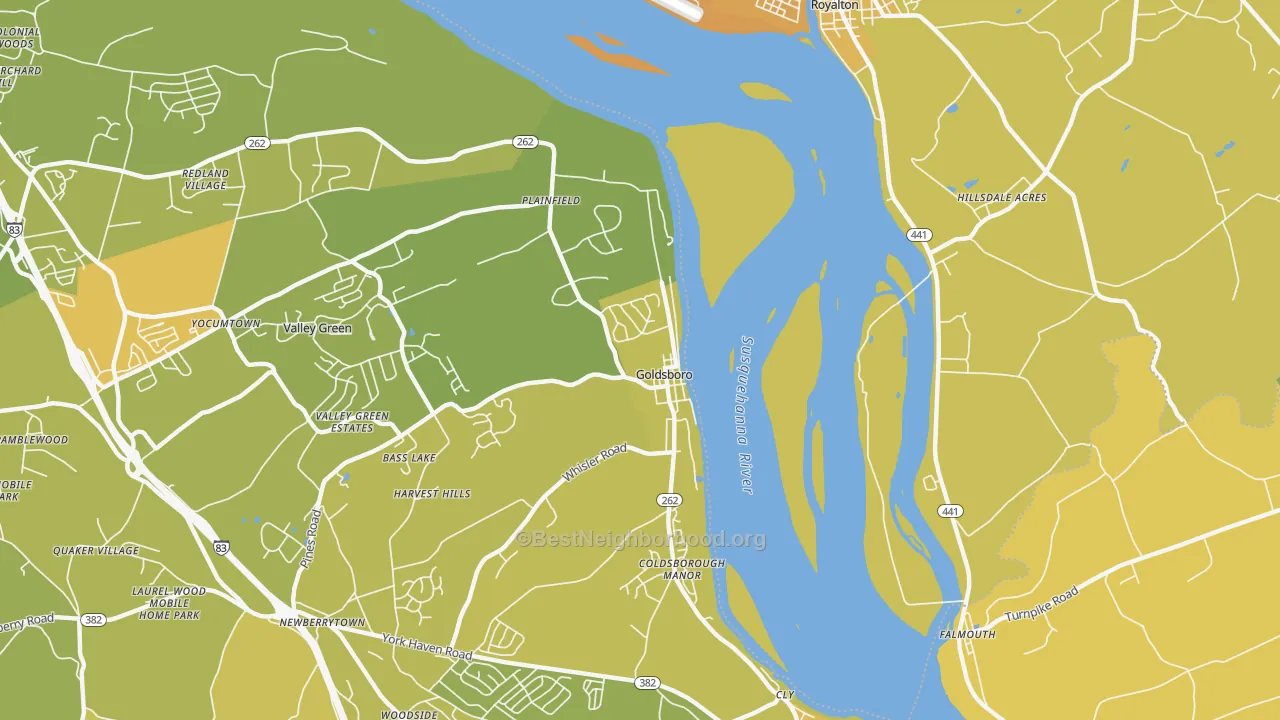 Map of the best neighborhoods in the Goldsboro area, with better matches in green and worse matches in red