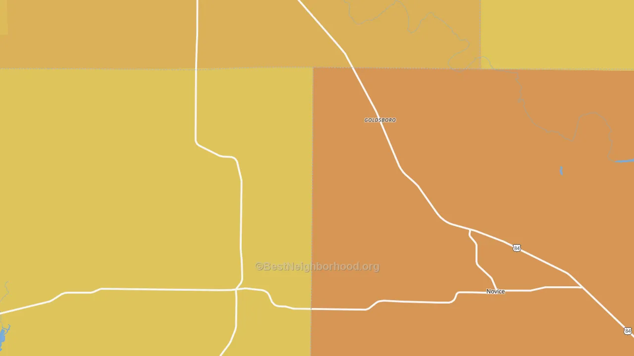 Map of the best neighborhoods in the Goldsboro area, with better matches in green and worse matches in red