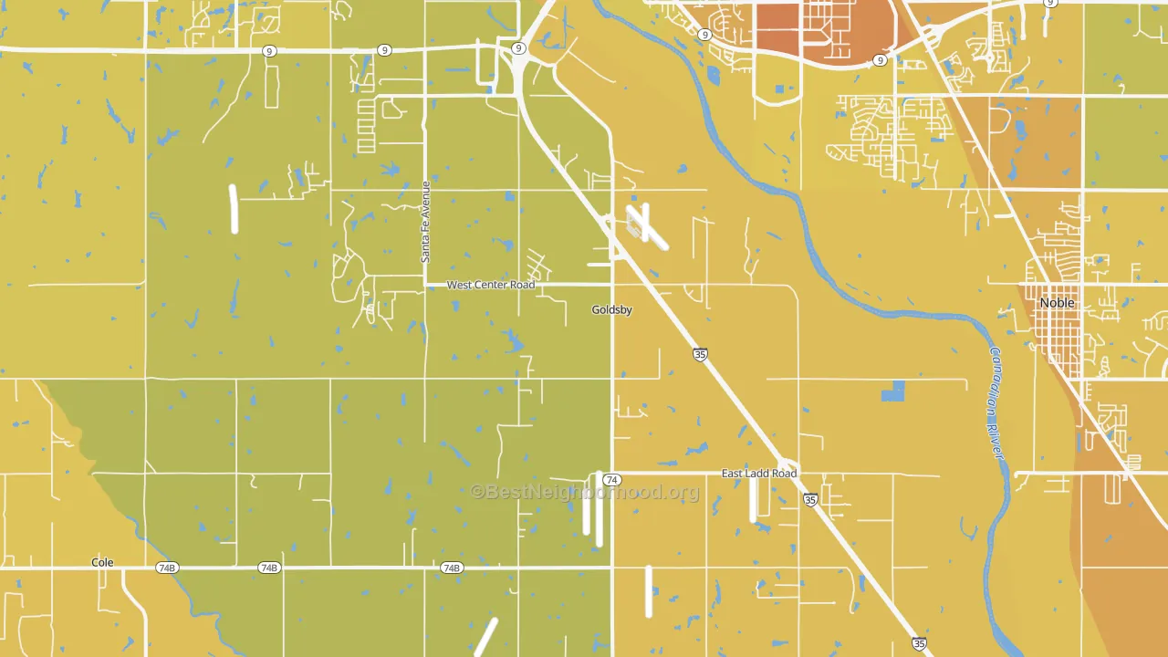Map of the best neighborhoods in the Goldsby area, with better matches in green and worse matches in red