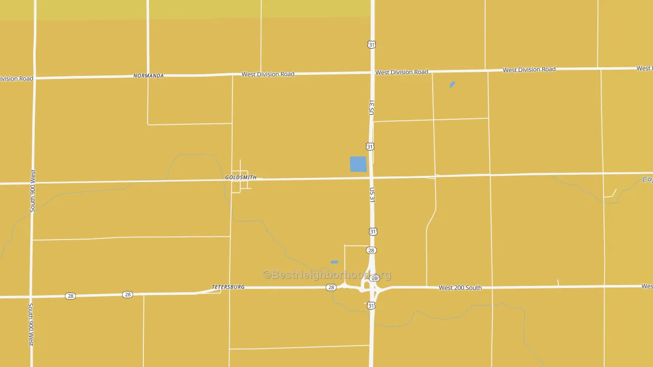 Map of the best neighborhoods in the Goldsmith area, with better matches in green and worse matches in red