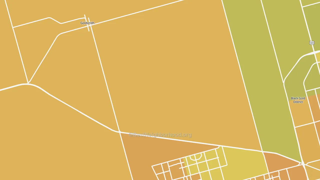 Map of the best neighborhoods in the Goldsmith area, with better matches in green and worse matches in red