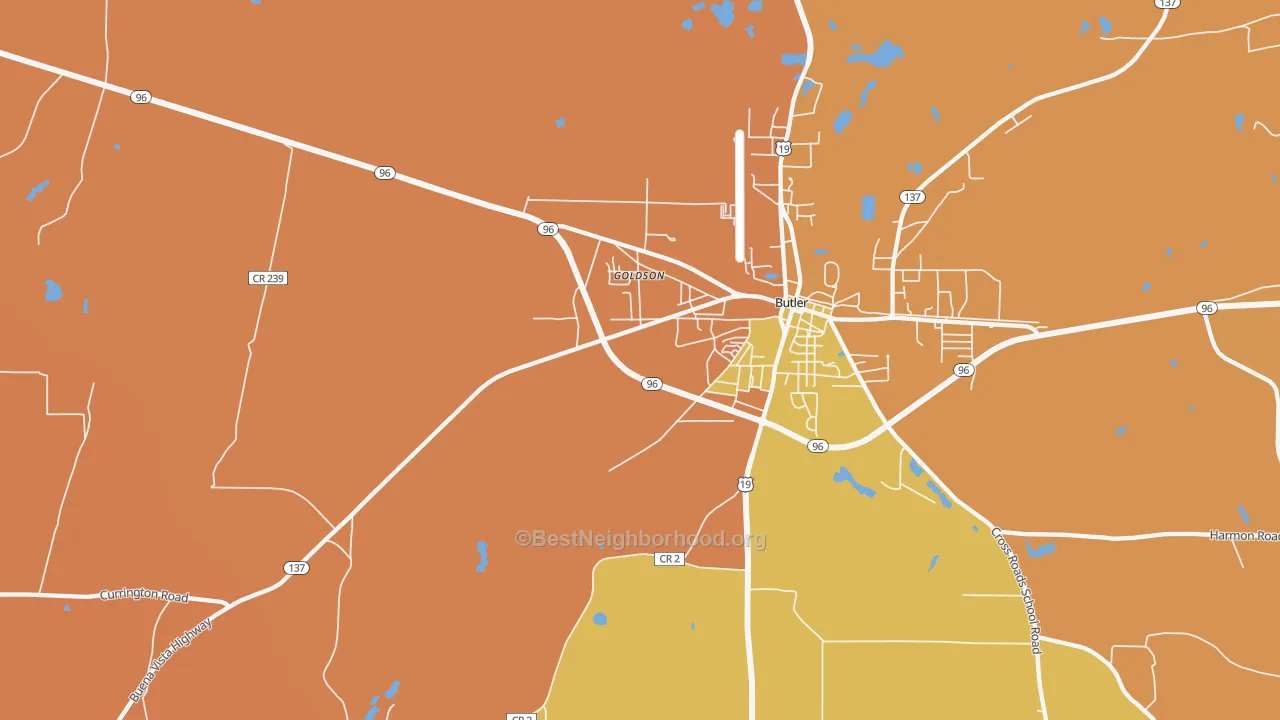 Map of the best neighborhoods in the Goldson area, with better matches in green and worse matches in red