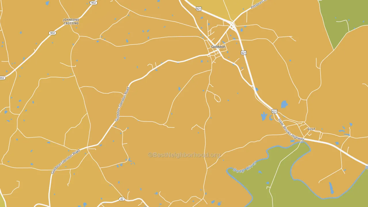 Map of the best neighborhoods in the Goldston area, with better matches in green and worse matches in red
