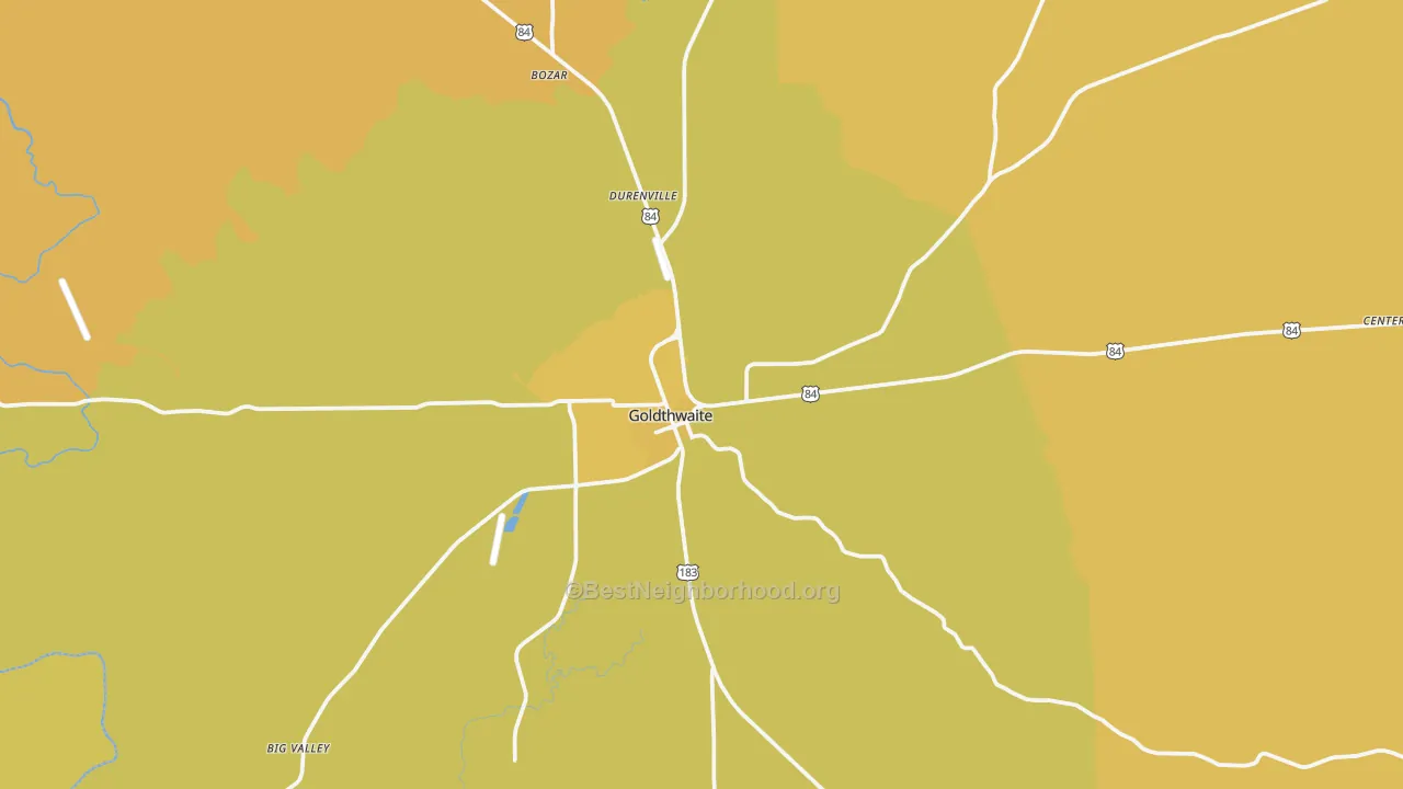 Map of the best neighborhoods in the Goldthwaite area, with better matches in green and worse matches in red