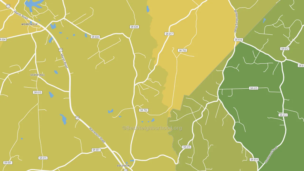 Map of the best neighborhoods in the Goldvein area, with better matches in green and worse matches in red