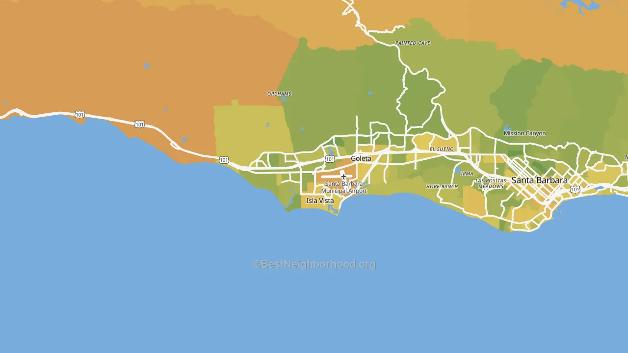 Map of the best neighborhoods in the Goleta area, with better matches in green and worse matches in red