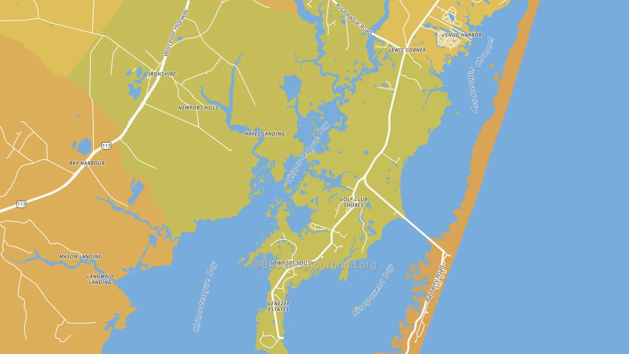 Map of the best neighborhoods in the Golf Club Shores area, with better matches in green and worse matches in red
