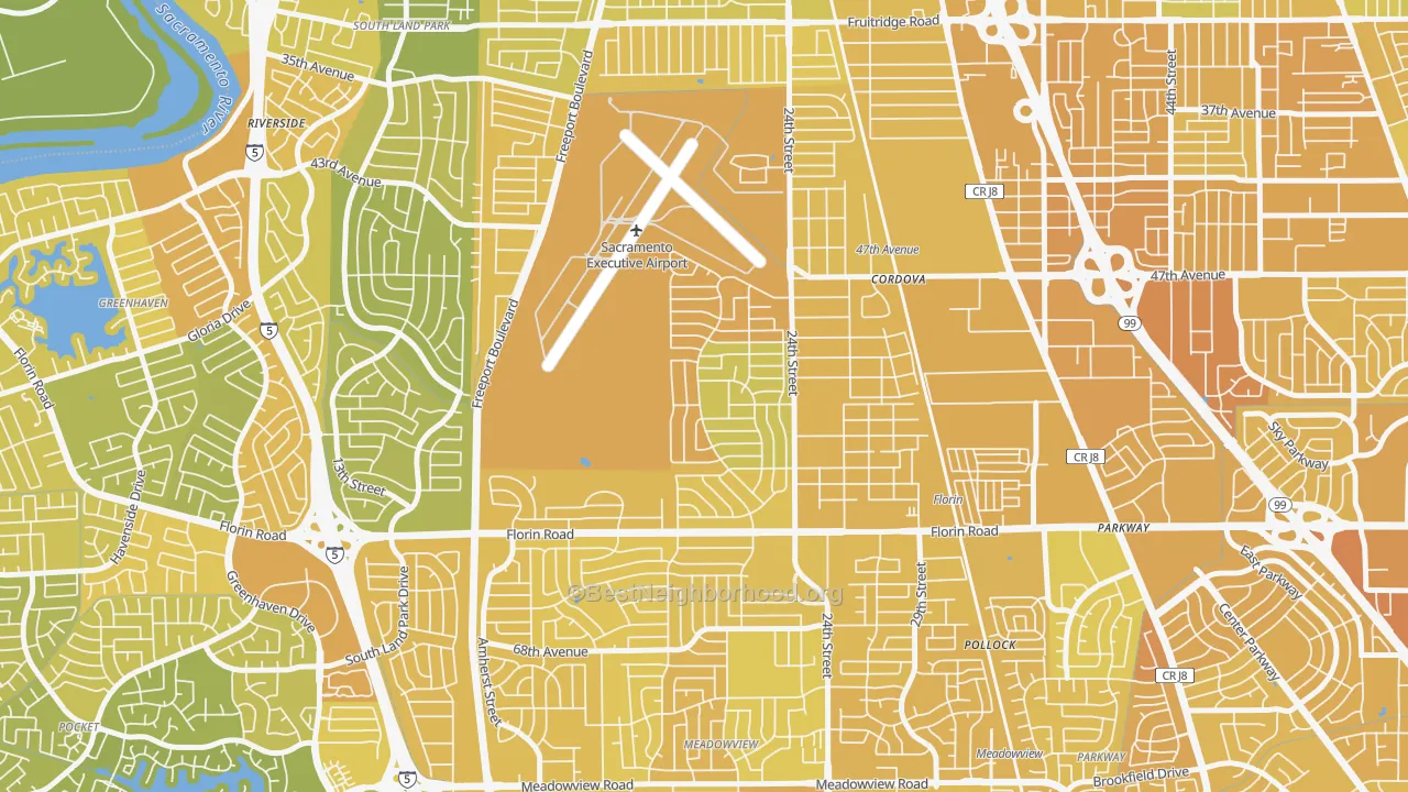 Map of the best neighborhoods in the Golf Course Terrace, Sacramento area, with better matches in green and worse matches in red