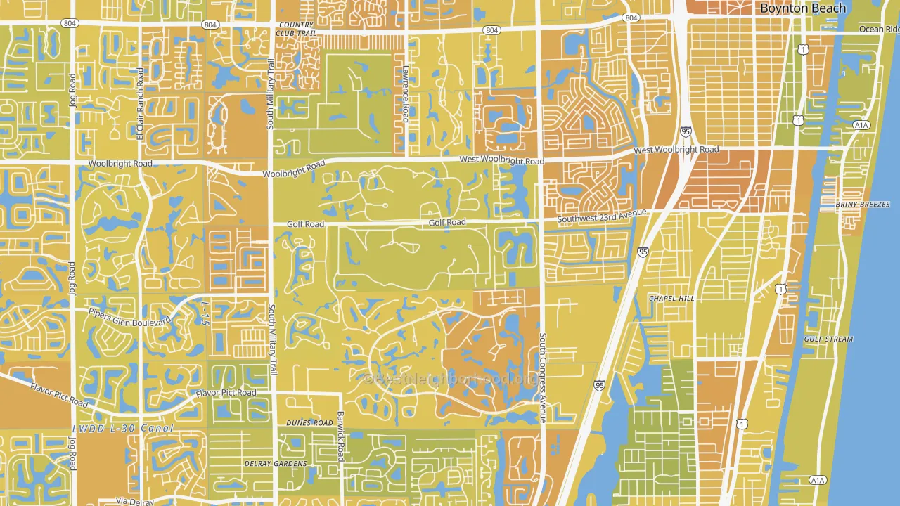 Map of the best neighborhoods in the Golf area, with better matches in green and worse matches in red