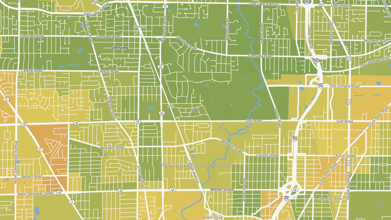 Map of the best neighborhoods in the Golf area, with better matches in green and worse matches in red