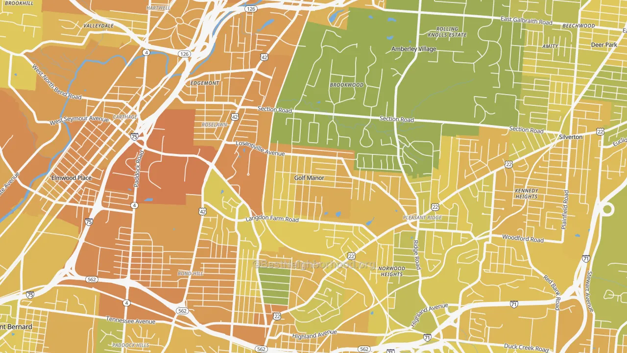 Map of the best neighborhoods in the Golf Manor area, with better matches in green and worse matches in red