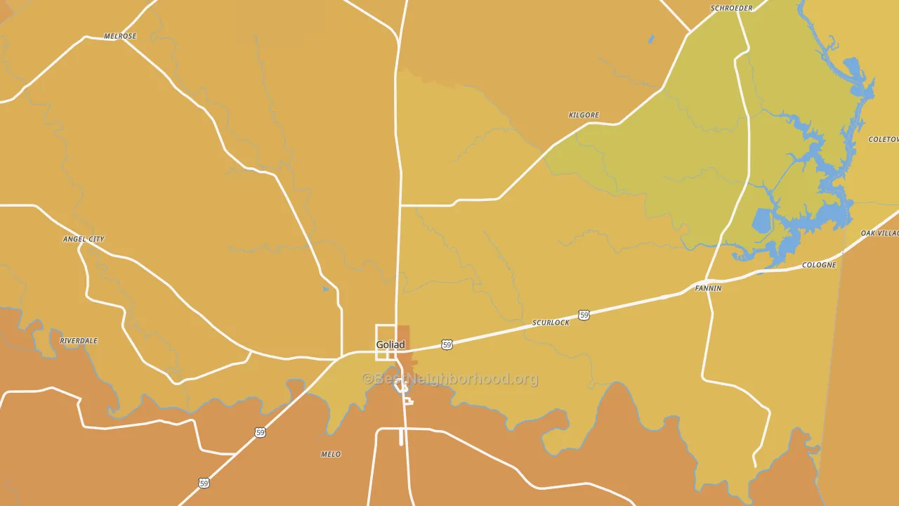 Map of the best neighborhoods in the Goliad County area, with better matches in green and worse matches in red