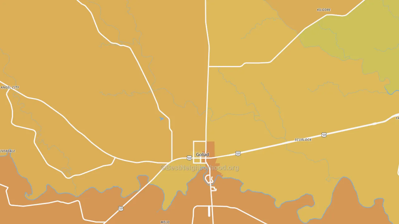 Map of the best neighborhoods in the Goliad area, with better matches in green and worse matches in red