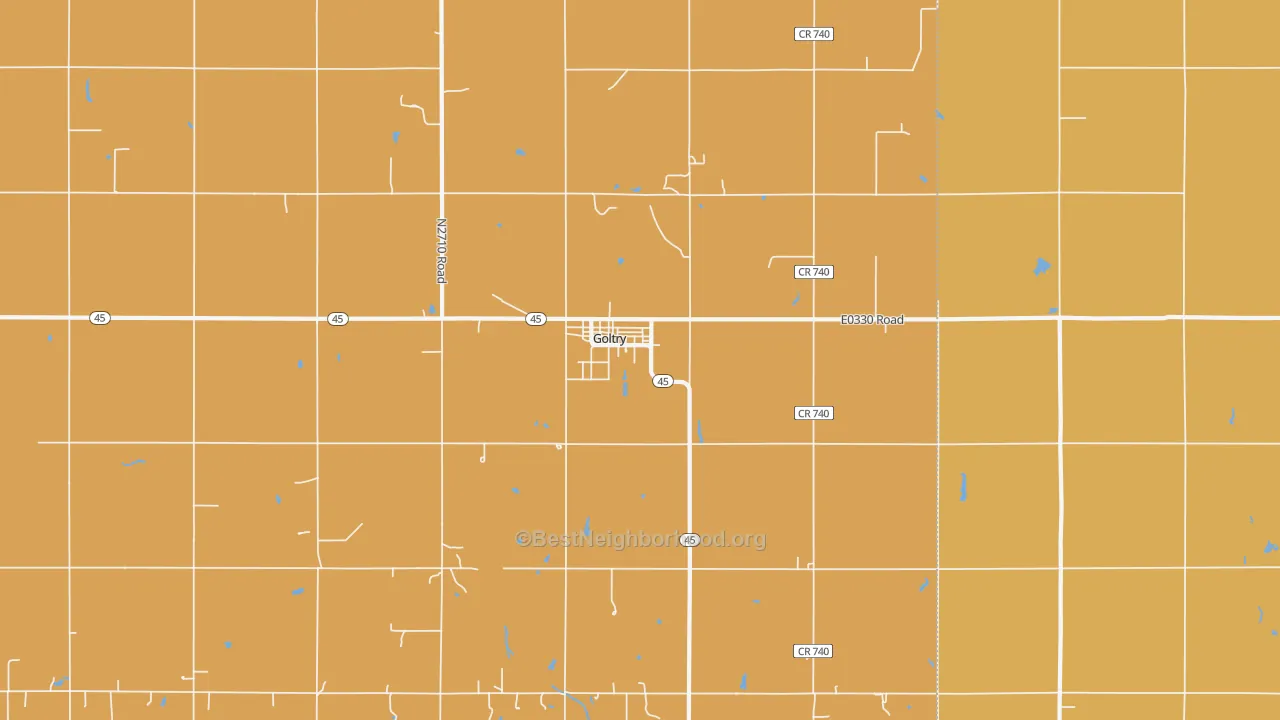 Map of the best neighborhoods in the Goltry area, with better matches in green and worse matches in red