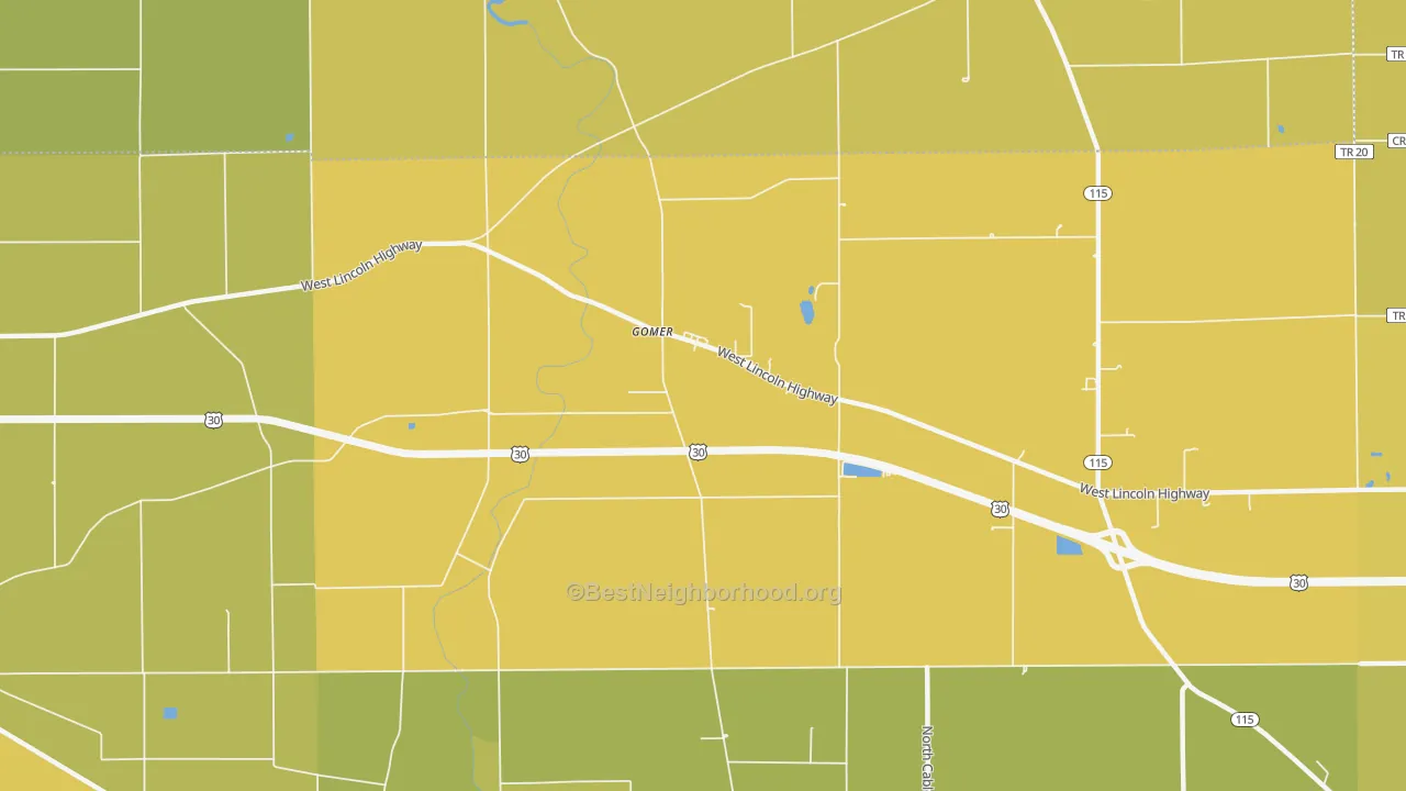 Map of the best neighborhoods in the Gomer area, with better matches in green and worse matches in red