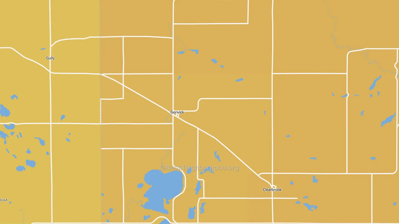 Map of the best neighborhoods in the Gonvick area, with better matches in green and worse matches in red