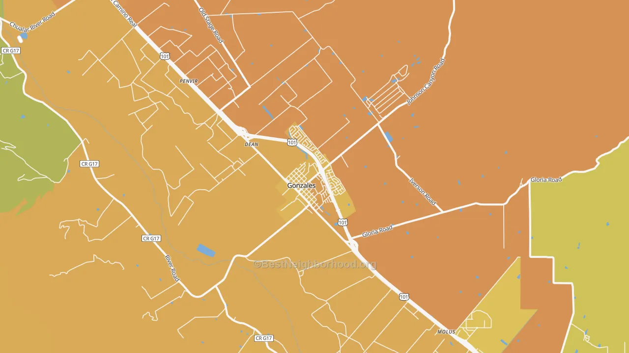 Map of the best neighborhoods in the Gonzales area, with better matches in green and worse matches in red