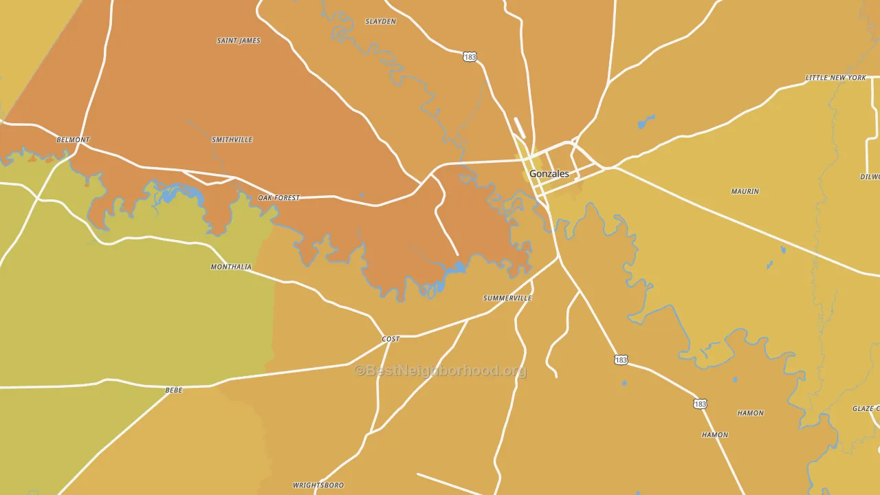 Map of the best neighborhoods in the Gonzales County area, with better matches in green and worse matches in red