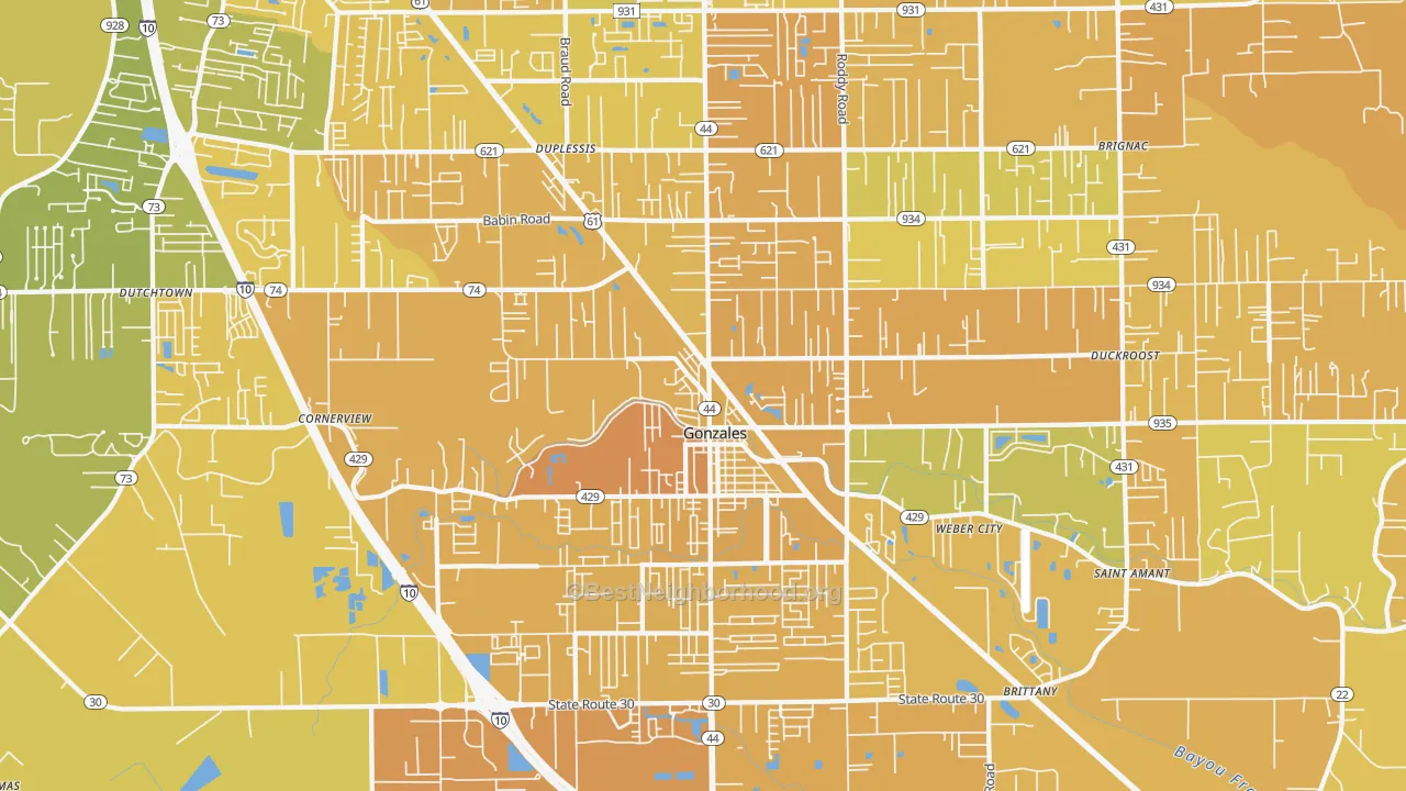 Map of the best neighborhoods in the Gonzales area, with better matches in green and worse matches in red
