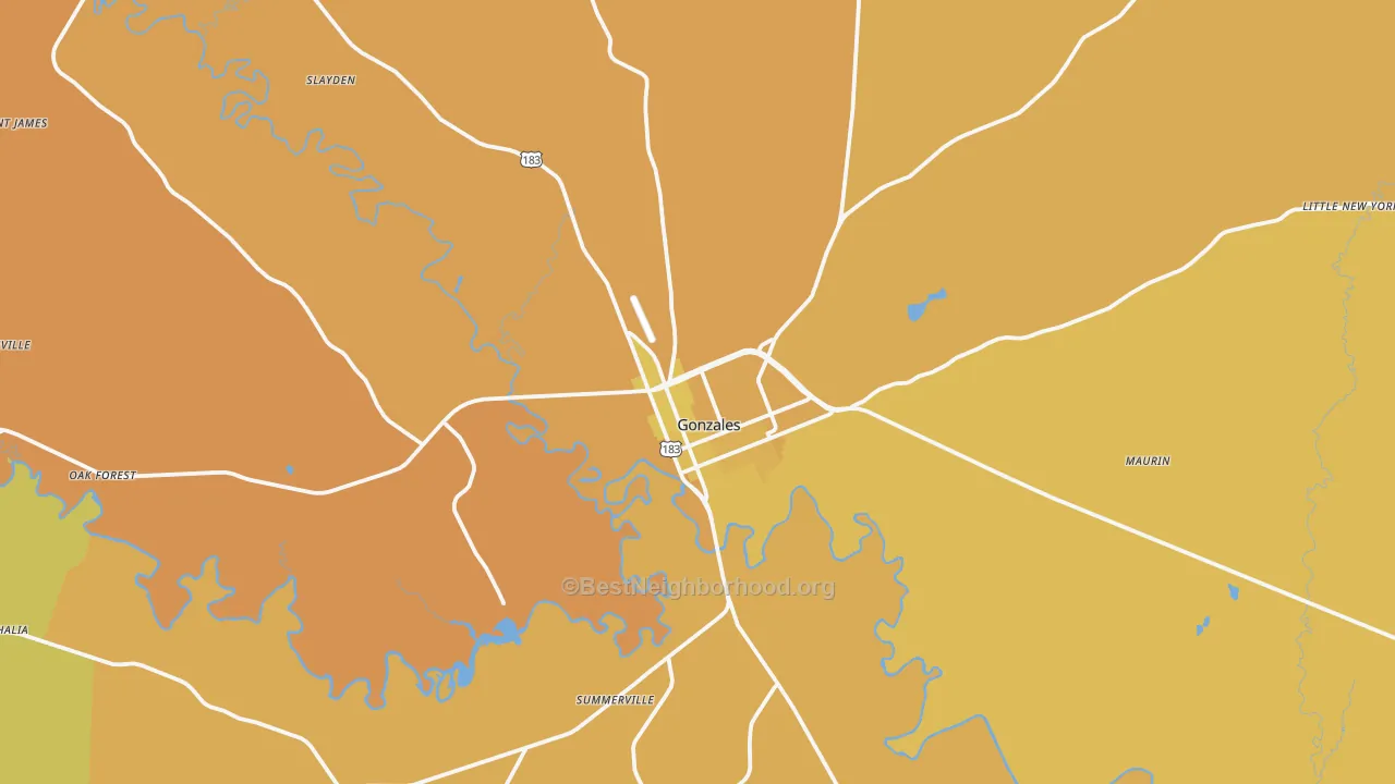 Map of the best neighborhoods in the Gonzales area, with better matches in green and worse matches in red