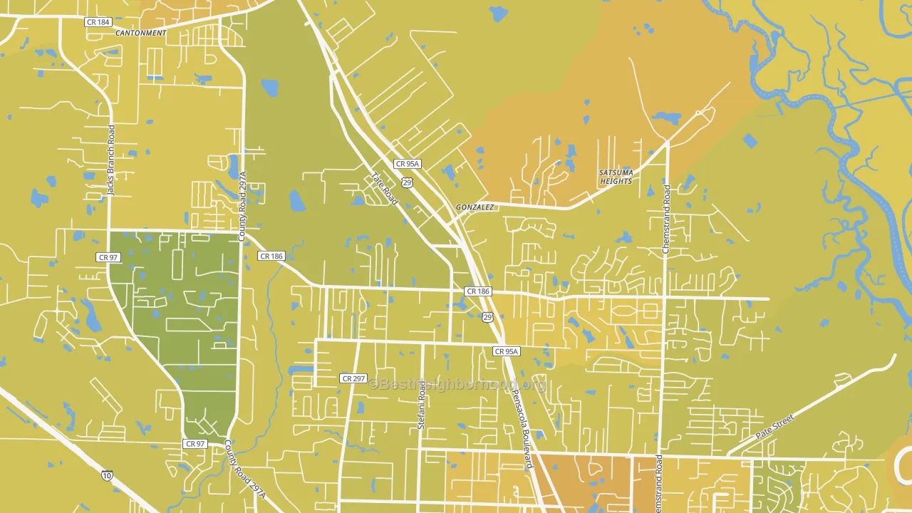 Map of the best neighborhoods in the Gonzalez area, with better matches in green and worse matches in red