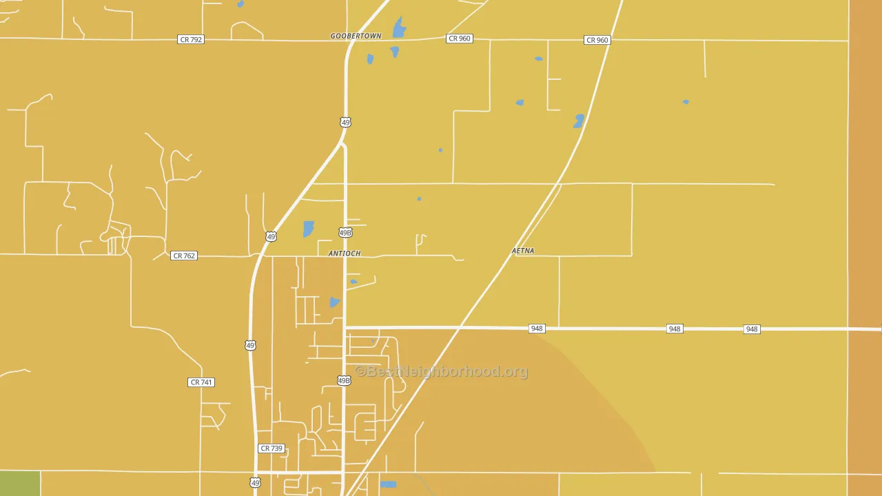 Map of the best neighborhoods in the Goobertown area, with better matches in green and worse matches in red