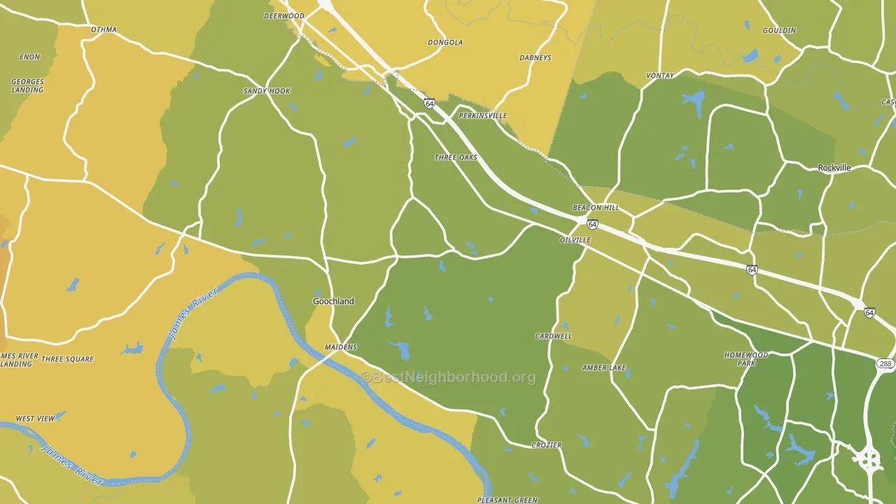 Map of the best neighborhoods in the Goochland County area, with better matches in green and worse matches in red
